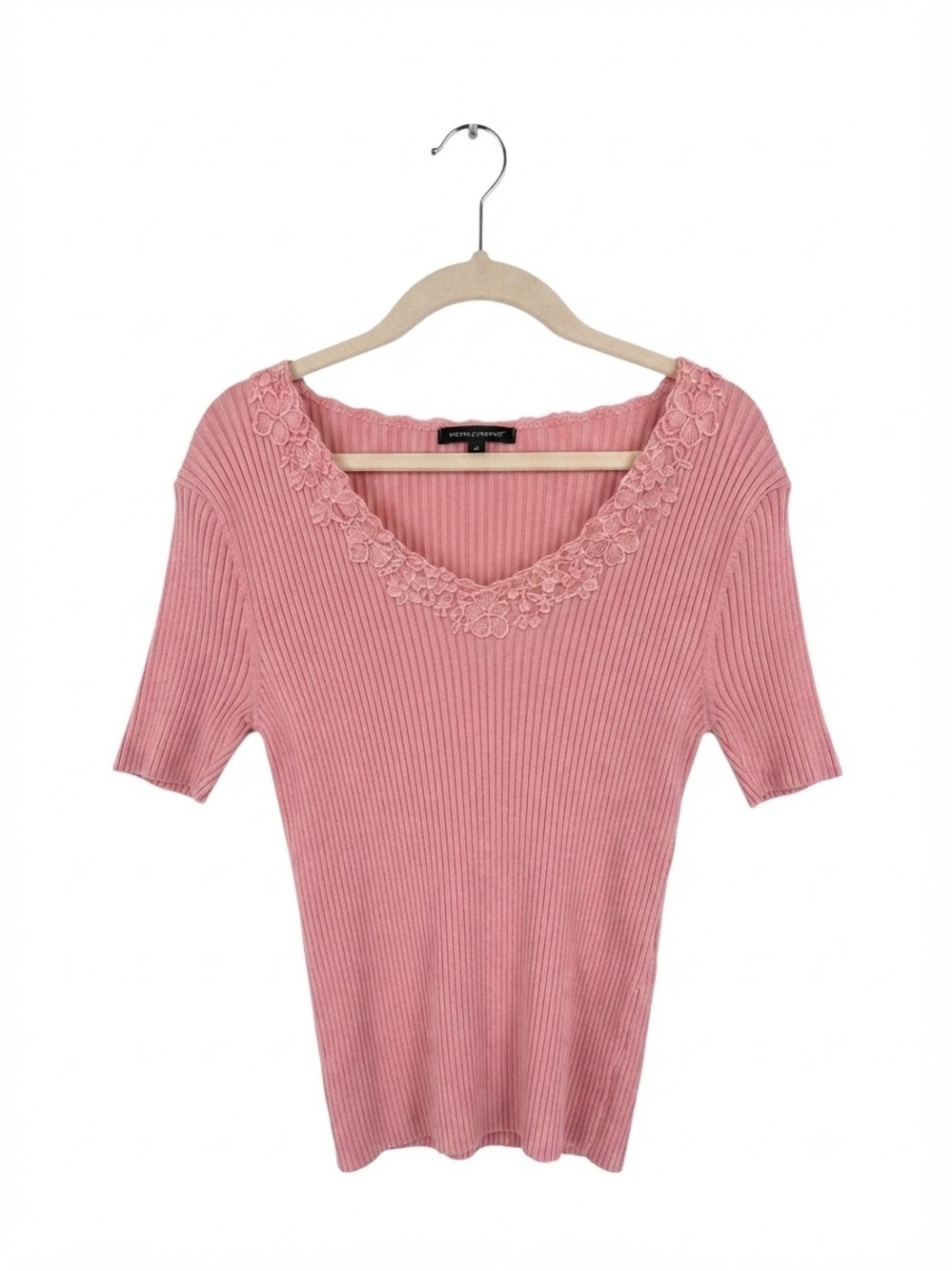 Pink Ribbed Short-Sleeve Top with floral Lace Trim RINO ROSSI